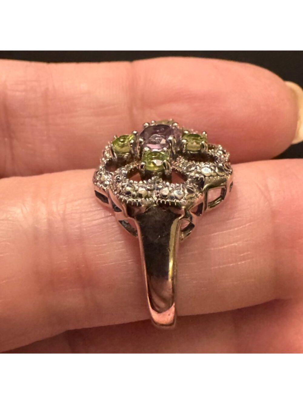 Sterling Silver 925 Amethyst Peridot Prong Set Statement Ring Size 7.75 - Picture 7 of 12